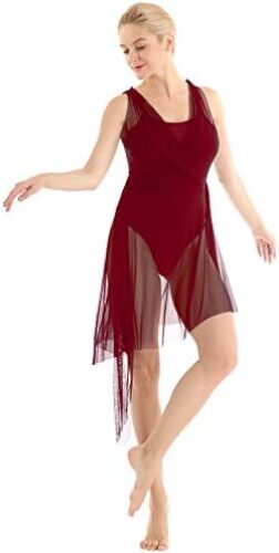YiZYiF Lyrical Women Adult Dance Dress Leotard Mesh Neck Dancewear Flowy Long Slit Skirt