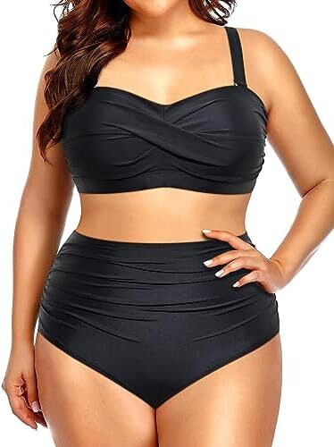 Yonique Women Plus Size Two Piece Swimsuits High Waisted Bathing Suits Bandeau Bikini Tummy Control Swimwear