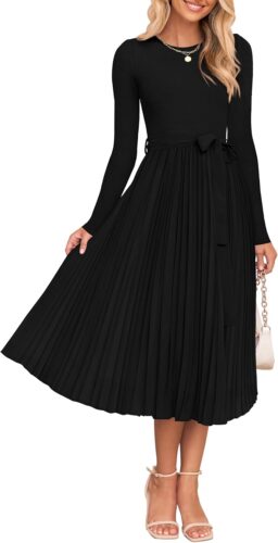 ZESICA Women’s Fall Long Sleeve Midi Dress Casual Crewneck Knit Belted Pleated A Line Flowy Party Dresses