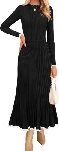 ZESICA Women’s Long Sleeve Sweater Dress Fall Crewneck Ribbed Knit Pleated A-Line Maxi Wedding Guest Dresses