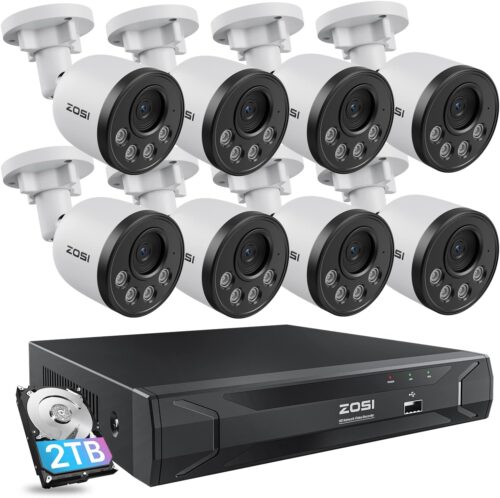 ZOSI 5MP 8CH PoE Security Camera System with Audio,H.265+ 5MP 8 Channel NVR with 2TB HDD,8pcs Weatherproof PoE IP Cameras Outdoor Indoor,Human Detection,100ft Night Vision,for Home 24-7 Recording