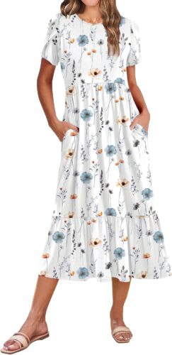 Zeagoo Women Summer Midi A Line Dress Short Sleeve Casual Flowy Tiered Beach Long Sundress with Pockets 2025 Vacation Travel