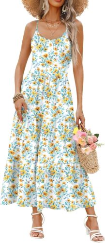 Zeagoo Womens Summer Long Dress Adjustable Spaghetti Strap Floral Casual Dress with Pockets Flowy Tiered Beach Sundress