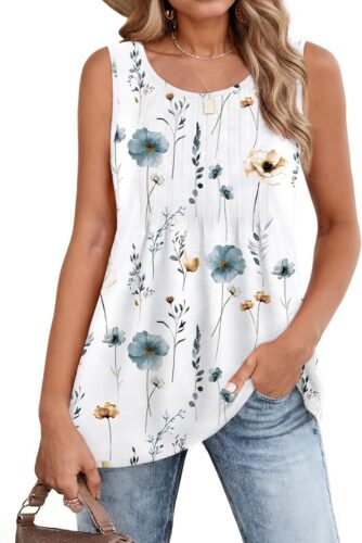 Zeagoo Women’s Summer Tank Tops 2025 Pleated Crew Neck Floral Solid Loose Fit Casual Sleeveless Flowy Boho Tunic Shirts