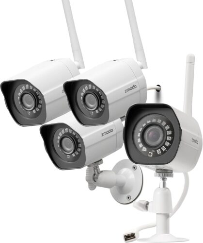 Zmodo Outdoor Security Cameras Wifi – 1080p Full HD Surveillance Cameras for Home Security with Night Vision, IP 66 Weatherproof, Plug-In, Motion Detection, 4 Pack