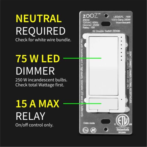 Zooz Z-Wave Long Range Double Switch (White) ZEN30 800LR for Fan and Light Combo (NO Speed Control), Hub Required (Works with Home Assistant, Hubitat, Wink, SmartThings, Z-Box Hub)