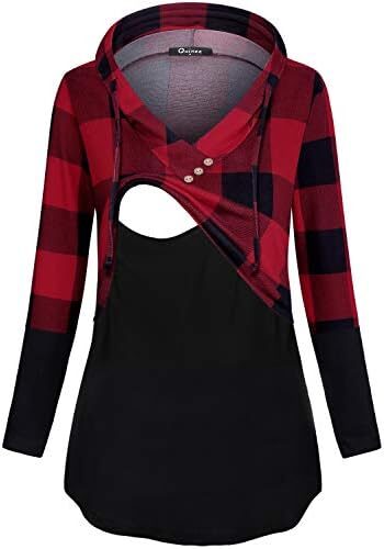 connche Quinee Women’s Long Sleeve Plaid Colorblock Nursing Pullover Hoodie Sweatshirts
