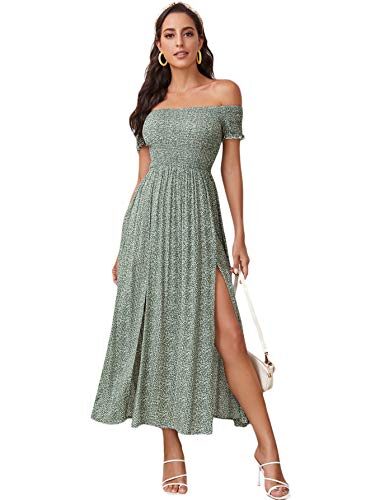 Floerns Women’s Boho Floral Print Off Shoulder Split Long A Line Dress