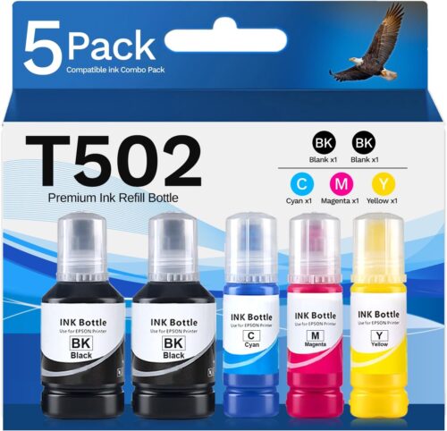 for 502 Ink Refill Bottles Compatible for Epson 502 Ink Refill Bottles 5 Pack Replacement for Ecotank ET-3850 ET-4760 ET-4850 2850 2760 3760 ET-3830 ET-3843 ET-2750 ET-3750 ET4750 ET-15000 Printer
