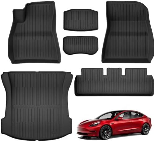 for Tesla Model 3 Floor Mats,TPE All Weather Car Mats Full Set, Custom Fit Front Rear Trunk Mat Cargo Liners, Heavy Duty Car Interior Accessories for 2017-2023 Tesla Model 3（6 Piece）
