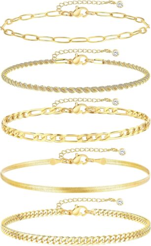 iF YOU Gold Ankle Bracelets for Women, 14k Gold Plated Waterproof Cuban Link Chain Anklets Set, Layered Anklet Bracelets for Women Beach Gift Adjustable Size 5pc