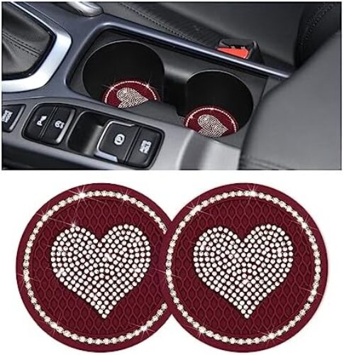 ipelo Heart Bling Car Cup Holder Coaster, 2PCS Universal Crystal Rhinestone Loving Heart Car Coasters, Cute Vehicle Anti-Slip Drink Cup Mat, Auto Interior Accessories Universal for Women (Coffee)