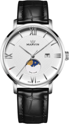 marvin Luxury Watches for Men Swiss Mens Watch Casual Men’s Wrist Watches with Silicone and Leather Strap,Stainless Steel Case,Quartz Movement,50M Waterproof
