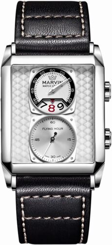 marvin Watches for Men Swiss Mens Watch in Stainless Steel with Leather Strap and Rectangular Sapphire Glass Dial, Quartz Movement, 50M Waterproof