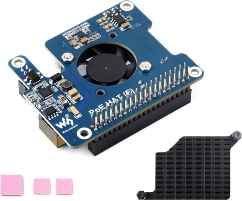 waveshare Power Over Ethernet HAT PoE HAT with Metal Heatsink for Raspberry Pi 5, Onboard Cooling Fan, Supports 802.3af/at Network, 12V and 5V Power Outputs Easy for More Peripherals