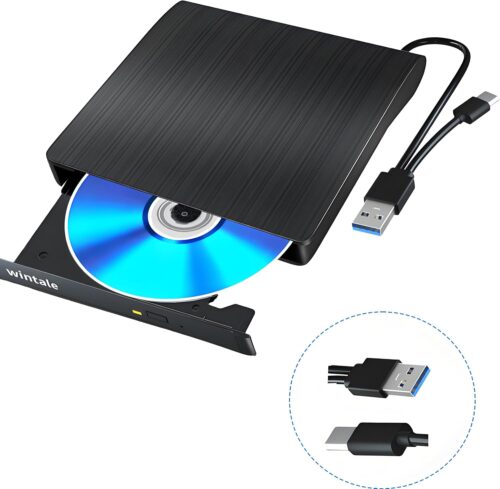 wintale External Bluray DVD Drive,Portable 3D Bluray External DVD Drive with USB 3.0 and Type-C Dual Port, External Blu Ray Player Suitable for Windows XP/7/8/10/11 MacOS for PC Mac